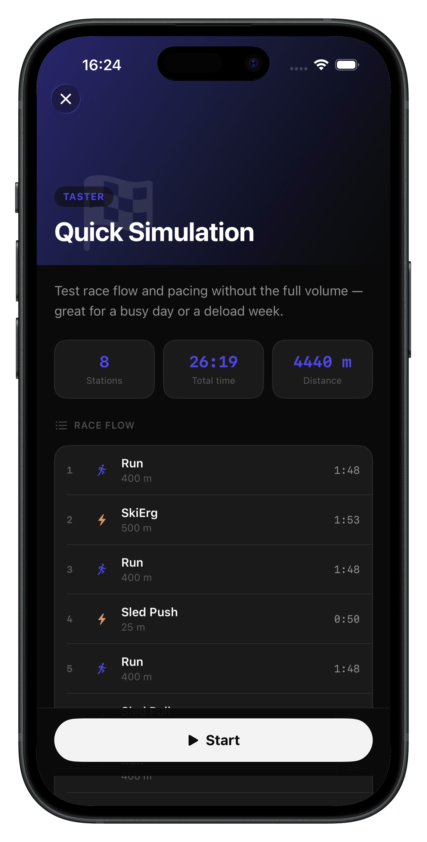 Live race simulation with station pacing
