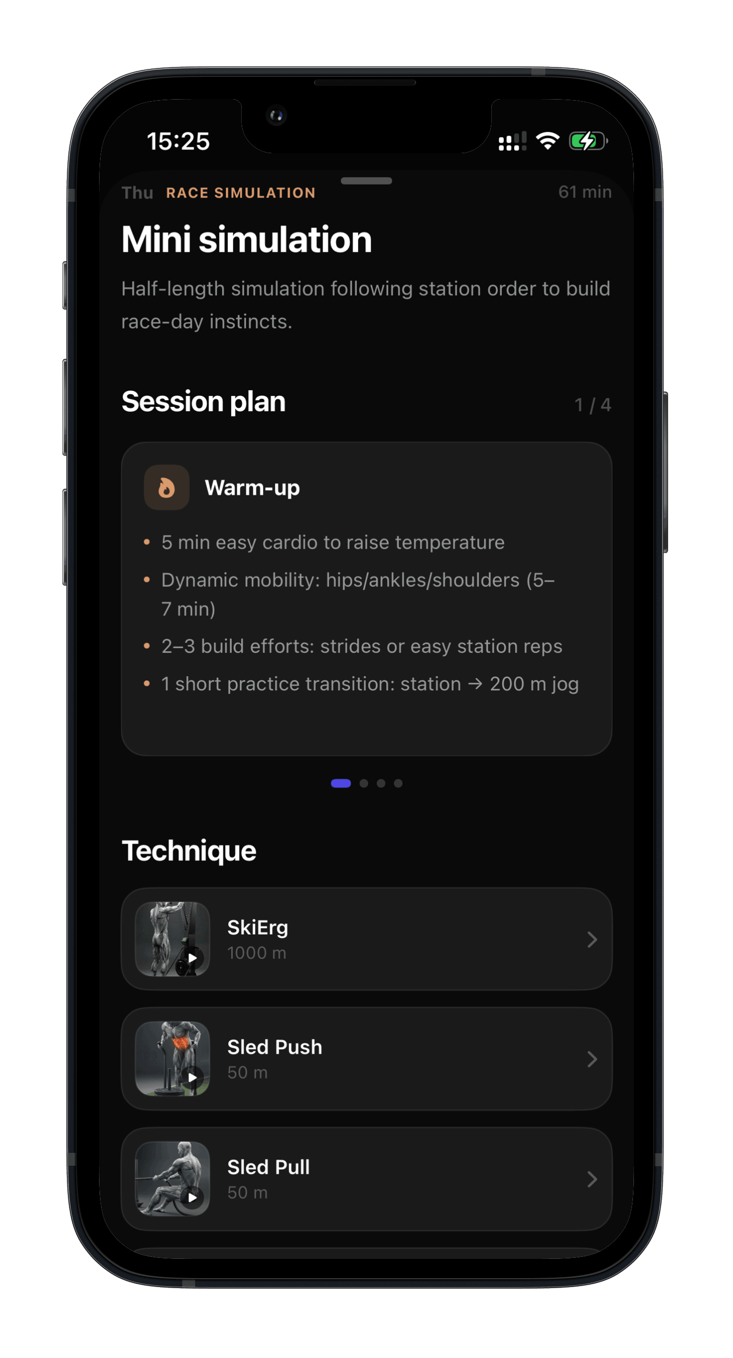Session detail with technique standards and cues